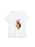A white short-sleeve V-neck t-shirt featuring a cartoon graphic of a black cat reading an orange spellbook with colorful stars, displayed on a clean white background.