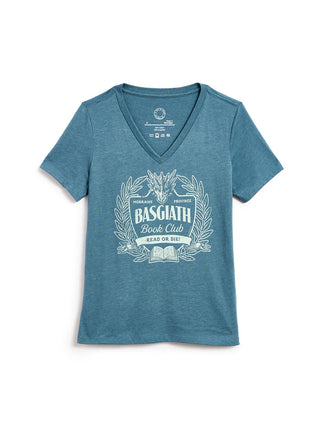 A heathered blue V-neck t-shirt featuring a white graphic print on the front that reads 'BASGIATH Book Club' with an illustration of a dragon and book.