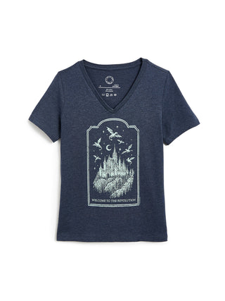 A navy blue heather V-neck t-shirt with a light blue graphic print of a castle under a night sky with dragons and the text 'WELCOME TO THE REVOLUTION'.