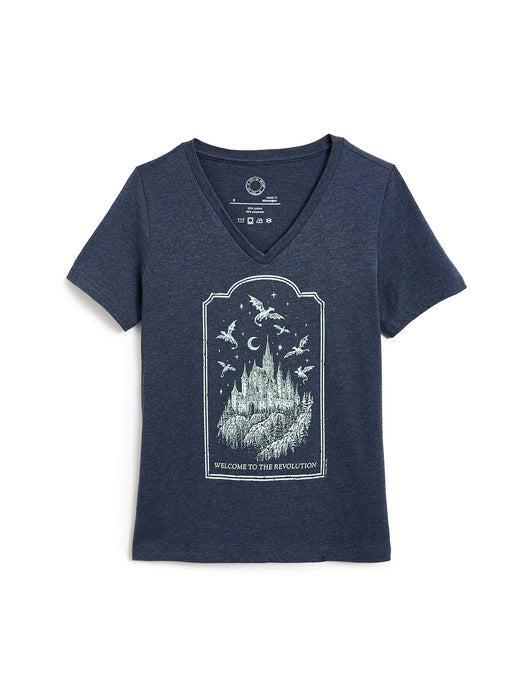 A navy blue heather V-neck t-shirt with a light blue graphic print of a castle under a night sky with dragons and the text 'WELCOME TO THE REVOLUTION'.