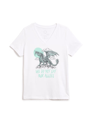 A white short-sleeve V-neck t-shirt featuring a graphic of a dragon with a teal sun and the text 'WE DO NOT EAT OUR ALLIES' printed in teal, displayed against a solid white background.