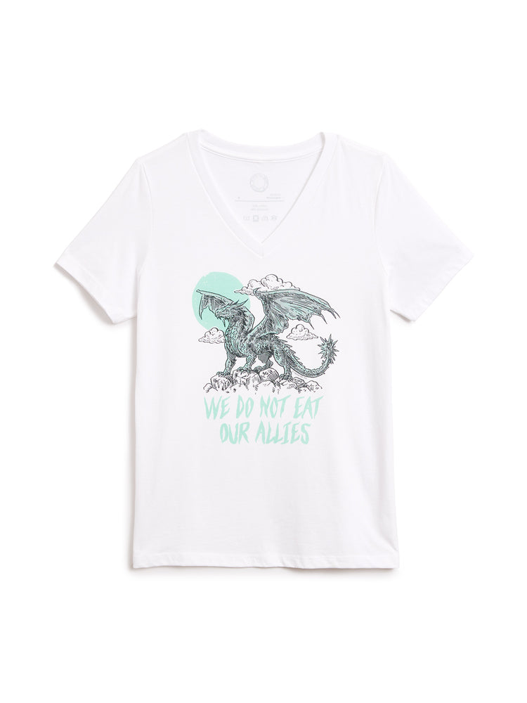 A white short-sleeve V-neck t-shirt featuring a graphic of a dragon with a teal sun and the text 'WE DO NOT EAT OUR ALLIES' printed in teal, displayed against a solid white background.