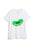 A white short-sleeve v-neck t-shirt featuring a green pickle graphic on the front with the text 'I <heart> PICKLES' in yellow and pink.