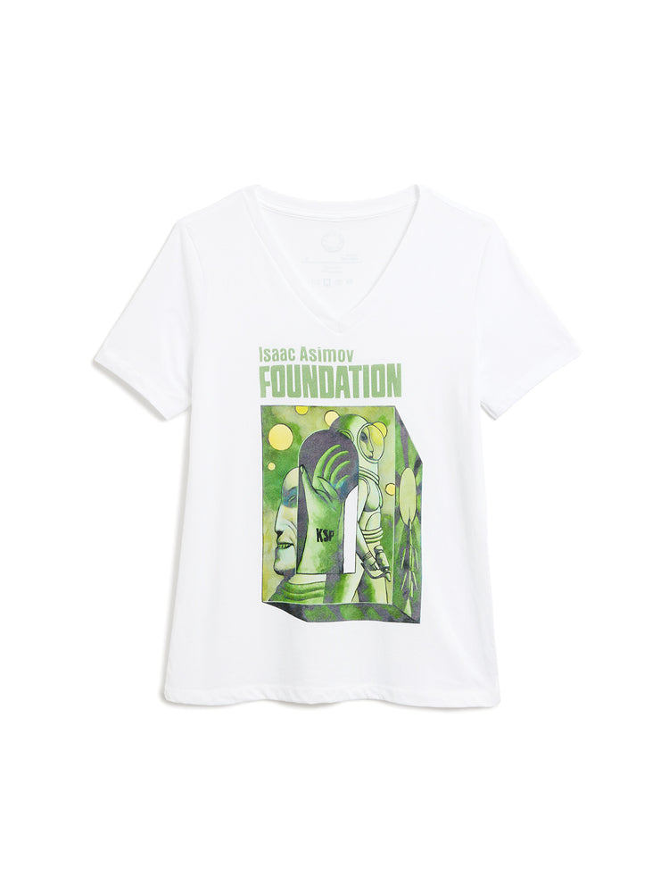 White t-shirt with a graphic design featuring a book and text on a white background