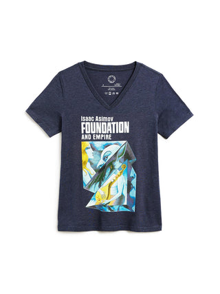 Navy blue t-shirt with Isaac Asimov 'Foundation and Empire' graphic on a white background