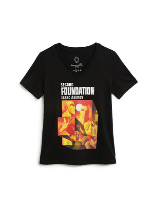 Black t-shirt with 'Second Foundation' graphic design on a white background