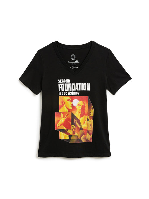 Black t-shirt with 'Second Foundation' graphic design on a white background