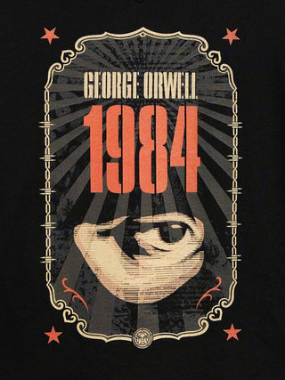 A graphic print featuring the text 'GEORGE ORWELL 1984' above a stylized illustrated eye, with decorative cream border lines and red stars on a black background.