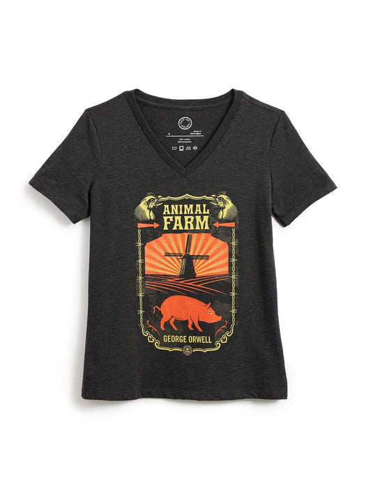 A dark heather gray v-neck t-shirt featuring a vintage-style graphic print on the front with the words 'Animal Farm' and 'George Orwell', along with illustrations of a pig, windmill, and sun.