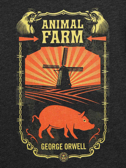 A graphic print on a dark heather gray t-shirt featuring a vintage-style illustration for 'Animal Farm' by George Orwell. The design includes a golden-yellow border, a red-orange sunburst with a black windmill, a red-orange pig, and a black-and-gold rooster at the top.