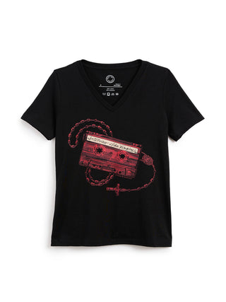 A black short-sleeve v-neck t-shirt featuring a red cassette tape graphic with a rosary and cross design on the front, displayed against a plain white background.