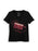 A black short-sleeve v-neck t-shirt featuring a red cassette tape graphic with a rosary and cross design on the front, displayed against a plain white background.