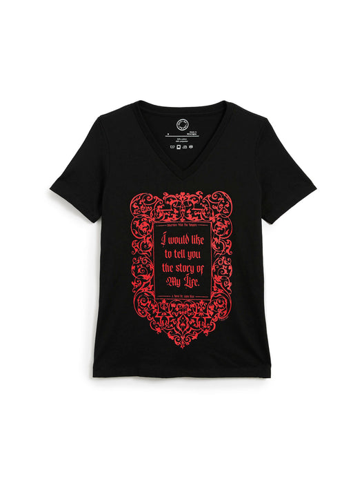 A black short-sleeve v-neck t-shirt with a red ornate gothic-style frame graphic on the front containing the quote 'I would like to tell you the story of My Life.' The shirt is displayed flat against a plain white background.