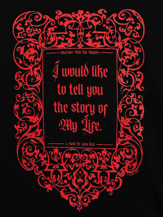 A black square graphic with a large ornate red decorative border and a central red text panel reading, "I would like to tell you the story of My Life. A Novel By Anne Rice," with smaller text above and below.