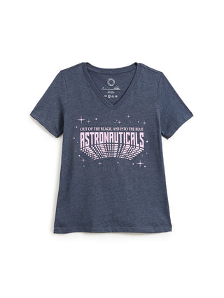A women's heather navy blue V-neck t-shirt with a pink graphic on the front that reads 'OUT OF THE BLACK, AND INTO THE BLUE ASTRONAUTICALS' with a grid pattern and stars.