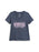 A women's heather navy blue V-neck t-shirt with a pink graphic on the front that reads 'OUT OF THE BLACK, AND INTO THE BLUE ASTRONAUTICALS' with a grid pattern and stars.