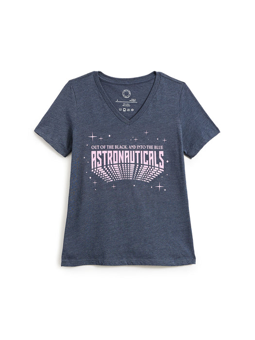 A women's heather navy blue V-neck t-shirt with a pink graphic on the front that reads 'OUT OF THE BLACK, AND INTO THE BLUE ASTRONAUTICALS' with a grid pattern and stars.
