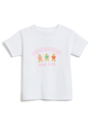 A white short-sleeve kids' t-shirt featuring a 'Gingerbread Book Club' graphic on the chest with three gingerbread illustrations reading books and pink lettering, displayed on a clean white background.