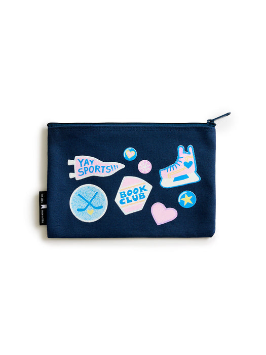 Navy blue pouch with colorful stickers on a white background