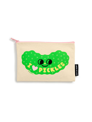 A beige canvas zipper pouch with a pink zipper, featuring a green pickle-shaped graphic with a face and the text 'I <heart> PICKLES' in yellow. A small black brand tag on the right reads 'OUT OF PRINT'.