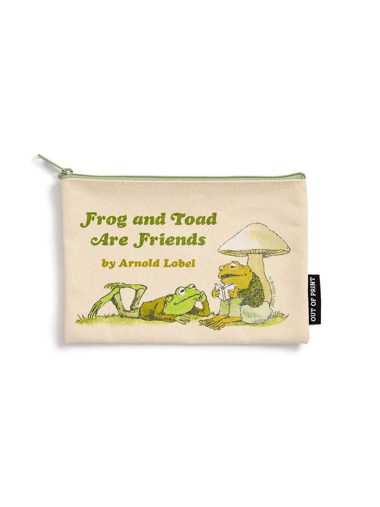 A cream-colored canvas zipper pouch featuring a green and yellow illustration of a frog and a toad under a mushroom, with the text 'Frog and Toad Are Friends by Arnold Lobel'. 