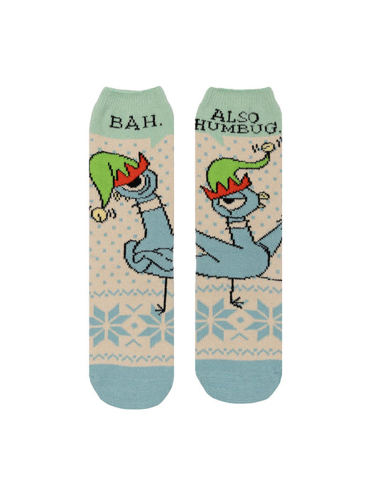 A pair of cozy socks with a Christmas theme, featuring a character resembling a famous children's book pigeon, in green, gray, and white colors.