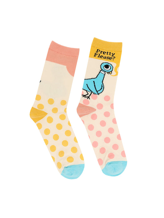 A pair of adult socks featuring a cartoon pigeon character with the phrase 'Pretty Please?' on the ankle area, set against a polka dot background.