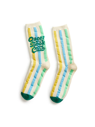 Pair of socks with colorful stripes and 'Queer Book Club' text on a white background