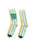 Pair of socks with colorful stripes and 'Queer Book Club' text on a white background