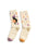 Pair of socks with a black cat in a witch hat and star patterns on a white background