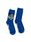 A pair of blue youth socks with character illustrations and the text 'Dog Man' on them.