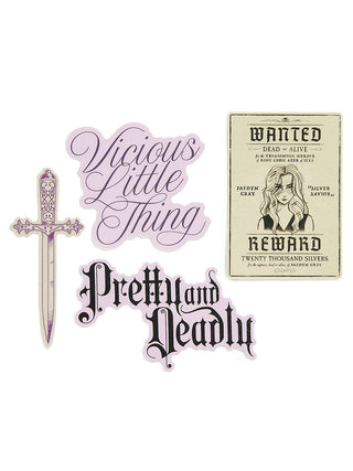 Set of decorative stickers with text and a sword design on a white background