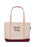 A large zippered tote bag made of canvas with peaches and cream colored straps and burgundy bottom, labeled 'book bag'.