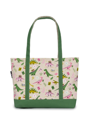 Dinosaur Reads large zippered tote