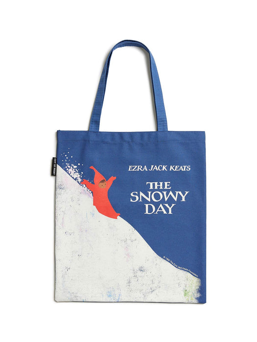 Tote bag with 'The Snowy Day' book cover design by Ezra Jack Keats on a white background