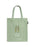Green tote bag with printed design and text on a white background