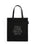 Black tote bag with white text on a white background