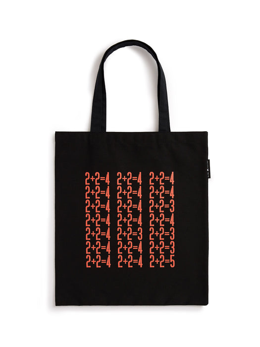 A black canvas tote bag with two black shoulder straps, featuring a grid of red mathematical equations (such as 2+2=4) printed on the front. The bag is photographed flat against a clean white background.