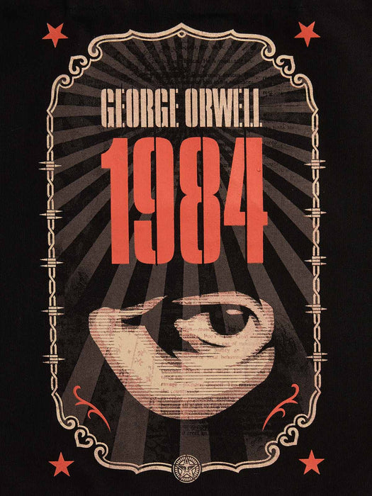 A graphic print featuring the text 'GEORGE ORWELL 1984' above a stylized illustrated eye, on a black background with red stars and decorative border elements.