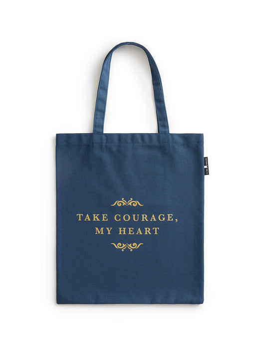 Navy blue tote bag with gold text 'Take Courage, My Heart' on a white background