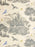 A close-up of a fabric or wallpaper pattern featuring a detailed black ink-style illustration of a castle on a hill, surrounded by trees, clouds, stars, crescent moons, and dragons on an off-white background.