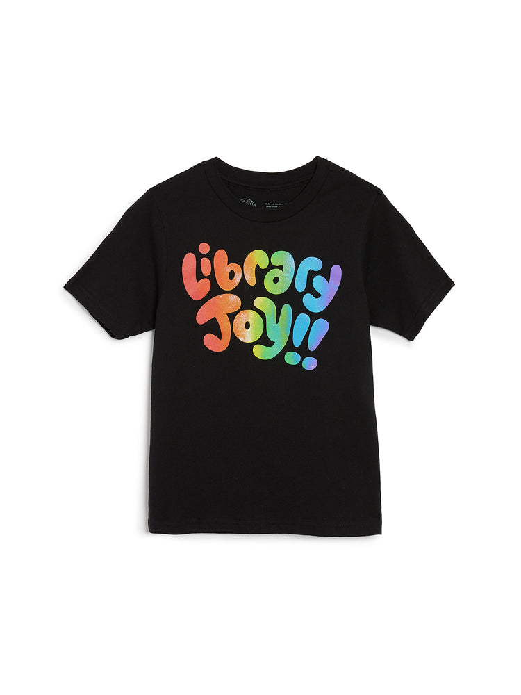 Black t-shirt with colorful 'Library Joy!' text on a white background