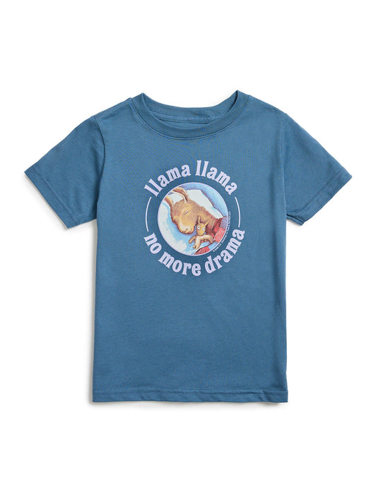 Blue t-shirt with llama graphic and text "llama llama no more drama" on a white background