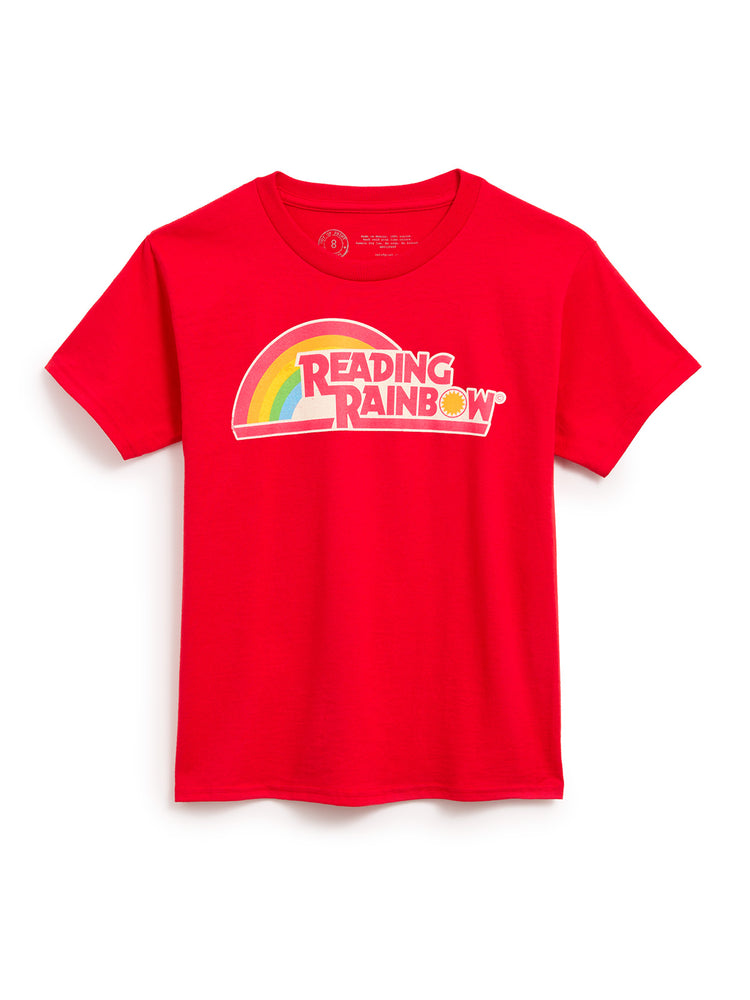 Red t-shirt with 'Reading Rainbow' logo on a white background