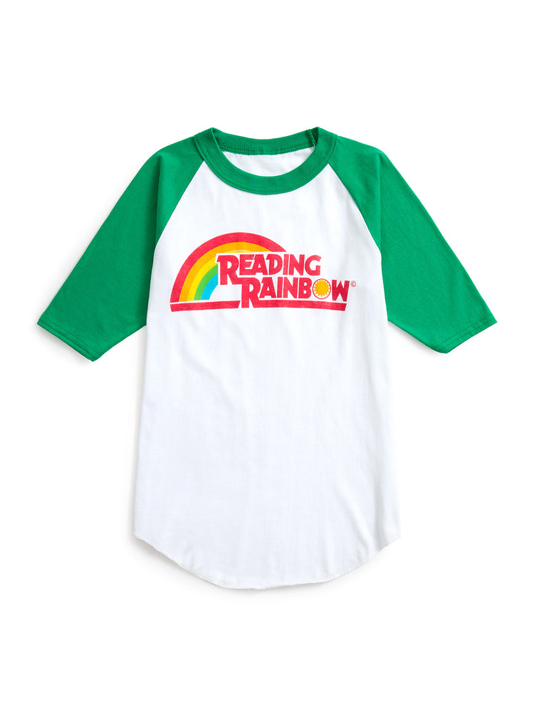 White baseball shirt with green sleeves featuring the 'Reading Rainbow' logo on a white background