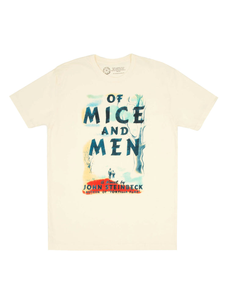 A beige t-shirt with the title 'Of Mice and Men' printed in a stylized font, along with the author's name, John Steinbeck.