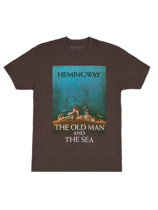 A brown unisex t-shirt with a graphic print of the cover image of Ernest Hemingway's novella 'The Old Man and the Sea'.