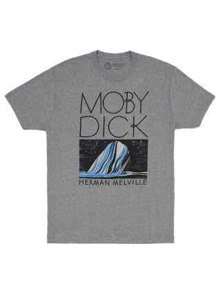 Heather gray Moby-Dick unisex t-shirt with distressed print including the title 'Moby Dick' and author 'Herman Melville', featuring a graphic of a whale.