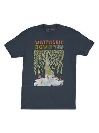 Indigo-colored t-shirt with 'Watership Down' book cover illustration featuring rabbits in a woodlands setting.