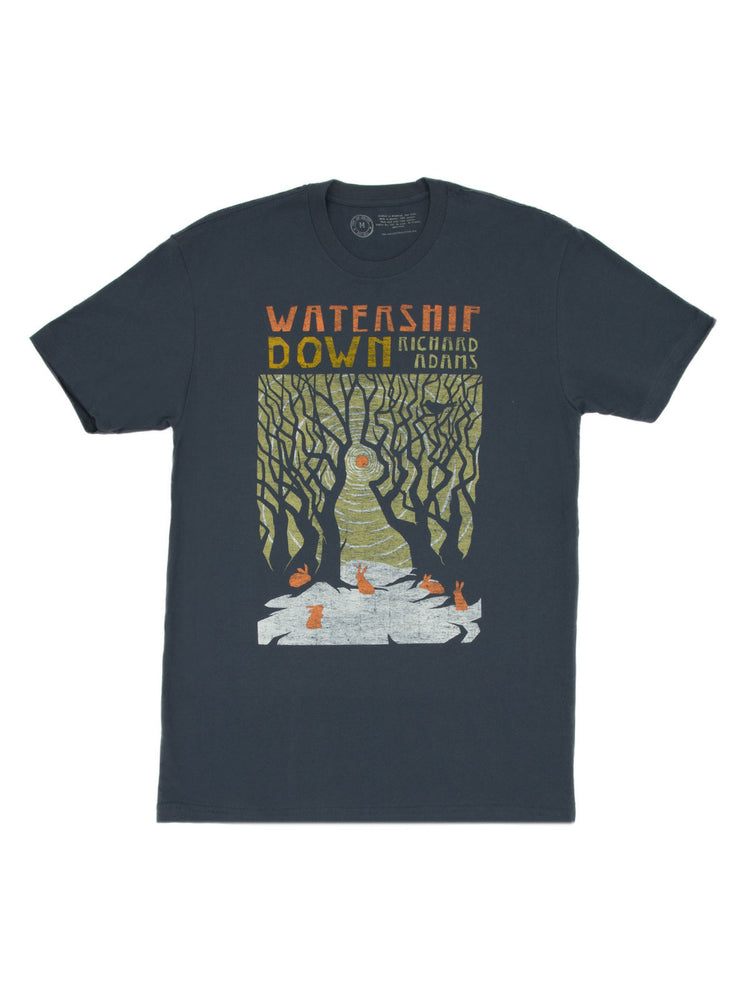 Indigo-colored t-shirt with 'Watership Down' book cover illustration featuring rabbits in a woodlands setting.